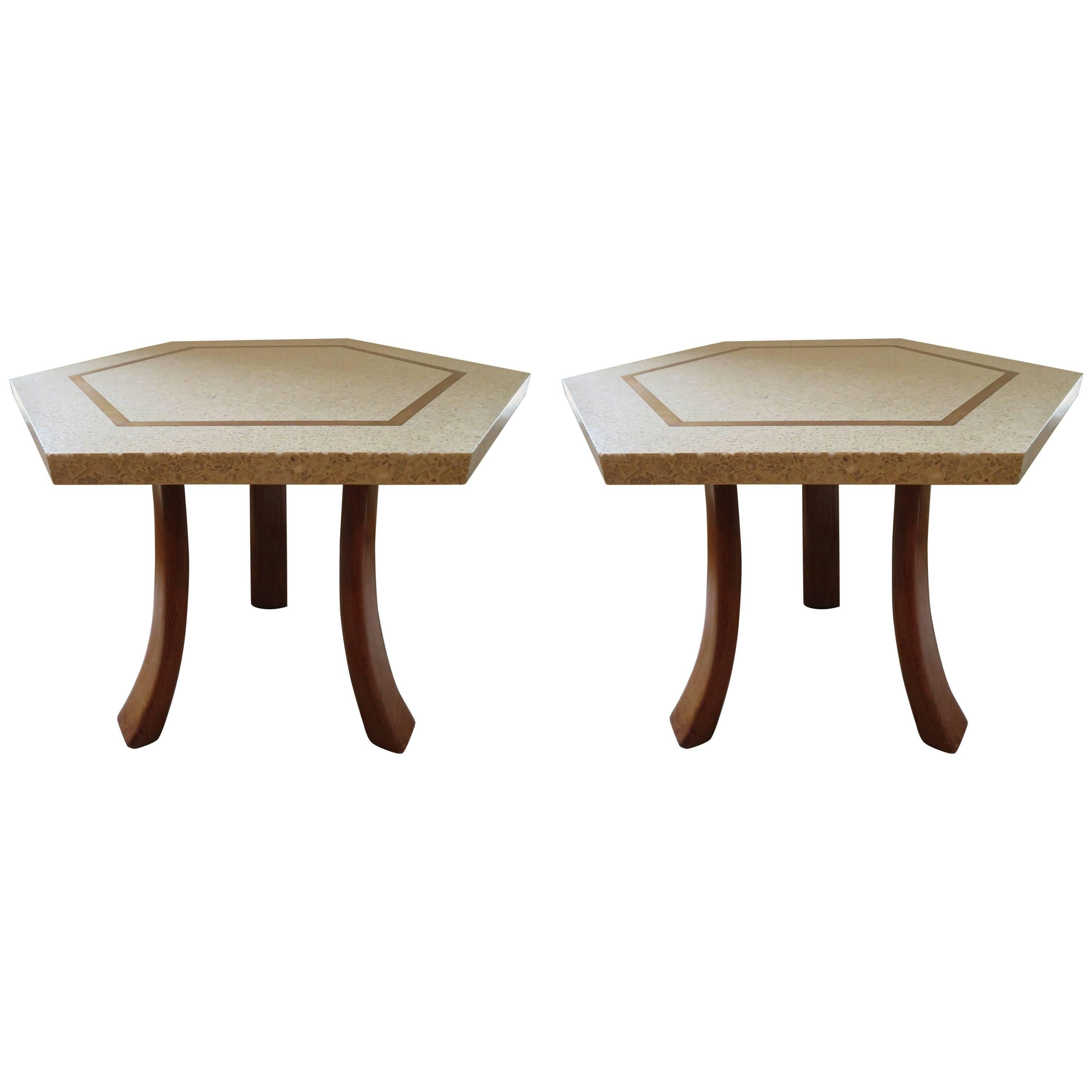 Stunning Pair of Harvey Probber Brass Inlaid Terrazzo Top Side Tables Midcentury