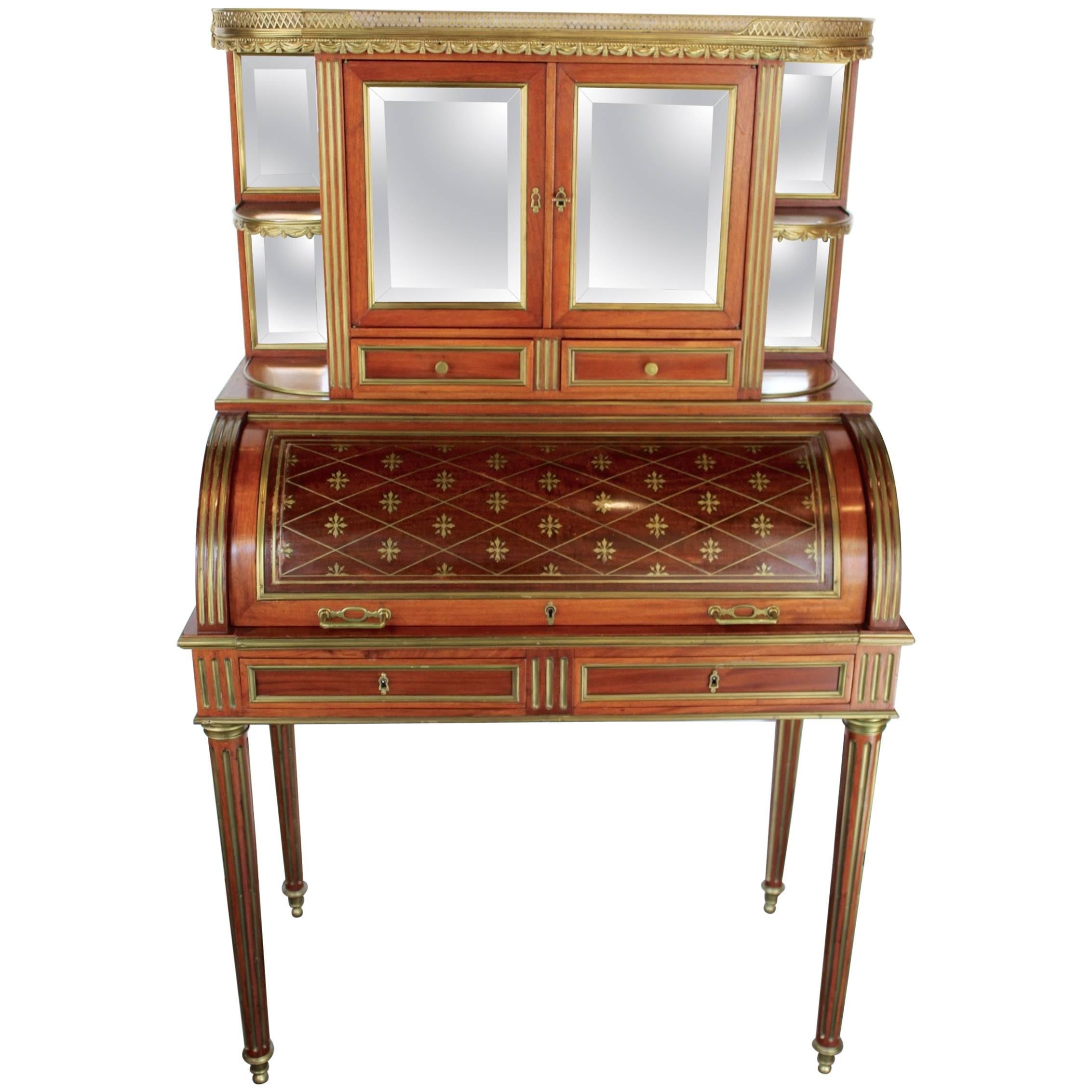 French 19th Century Mahogany Veneer and Brass inlaid "Bureau a Cylindre" For Sale