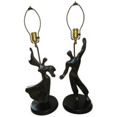 Lovely Pair of Modernist Cerused Oak Heifetz Dancer Male Female Lamps