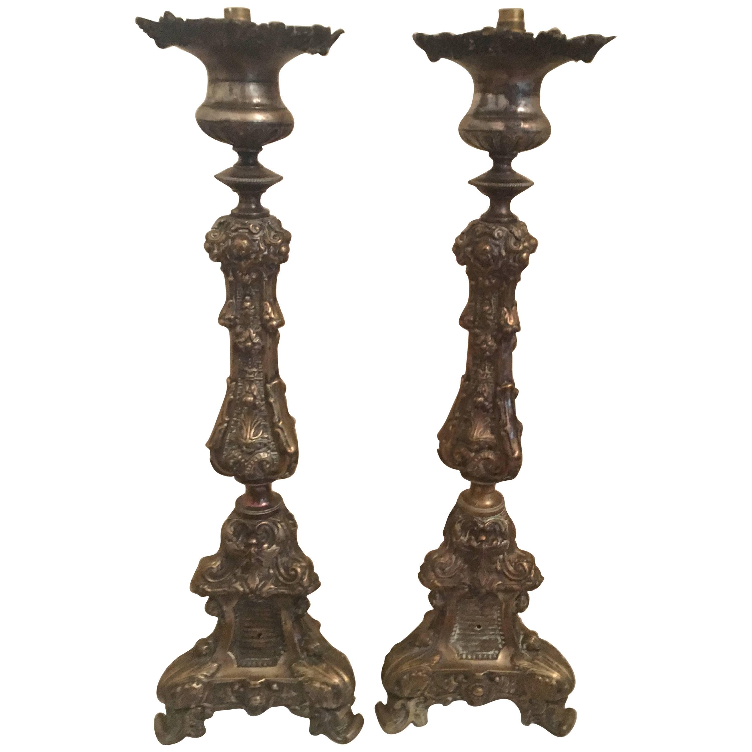 Pair of Italian Baroque Style Tall Altar Candlesticks "Repoussé" For Sale
