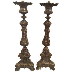 Antique Pair of Italian Baroque Style Tall Altar Candlesticks "Repoussé"