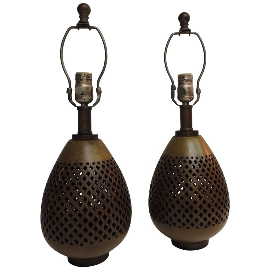 Pair of Vintage Round Mid-Century Modern Brass Lamps with Piercing Details