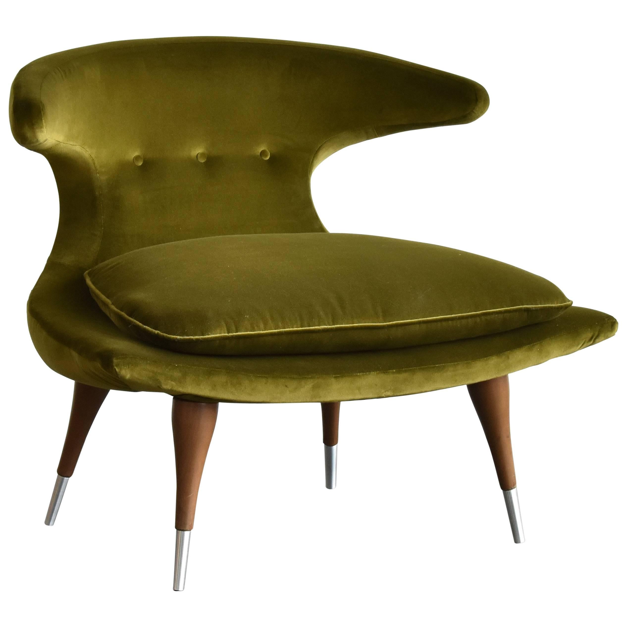 Karpen of California "Horn" Lounge Chair Green Velvet, Walnut, Aluminum, 1950s