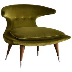 Karpen of California "Horn" Lounge Chair Green Velvet, Walnut, Aluminum, 1950s