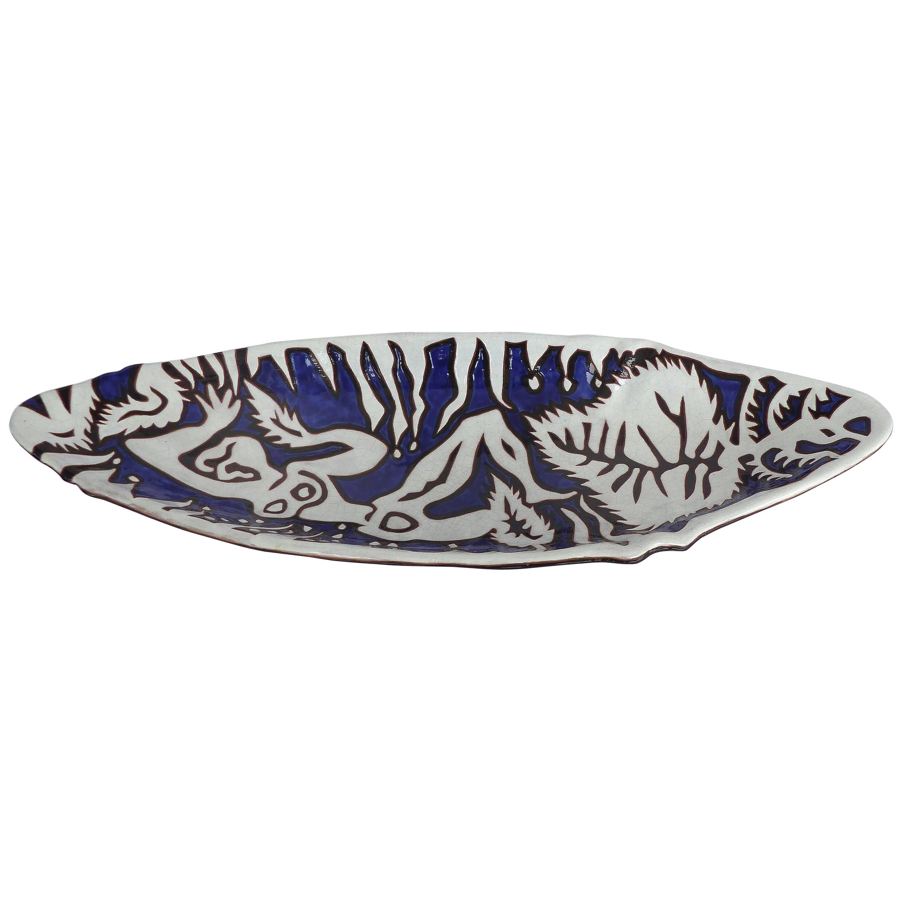 Jean Lurçat Eliptical Shaped Footed Ceramic Tray with Abstract Nude Figure