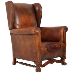 English Leather Wingback Chair with Chippendale Ball Claw Feet, 1930s