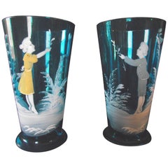 Pair of Mary Gregory Hand-Painted Blue Glasses/Vases