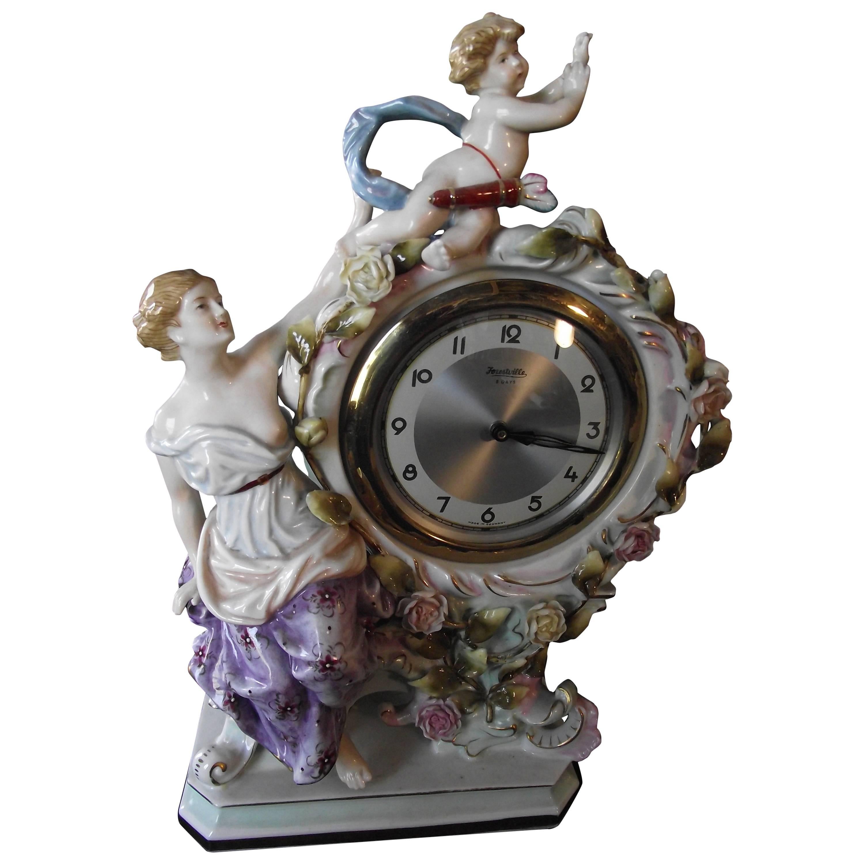 Antique Porcelain Hand-Painted Baroque Style Mantle Clock/ Aphrodite & Cupid    For Sale