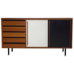 Teak Sideboard with Black and White Painted Sliding Doors and Five Drawers