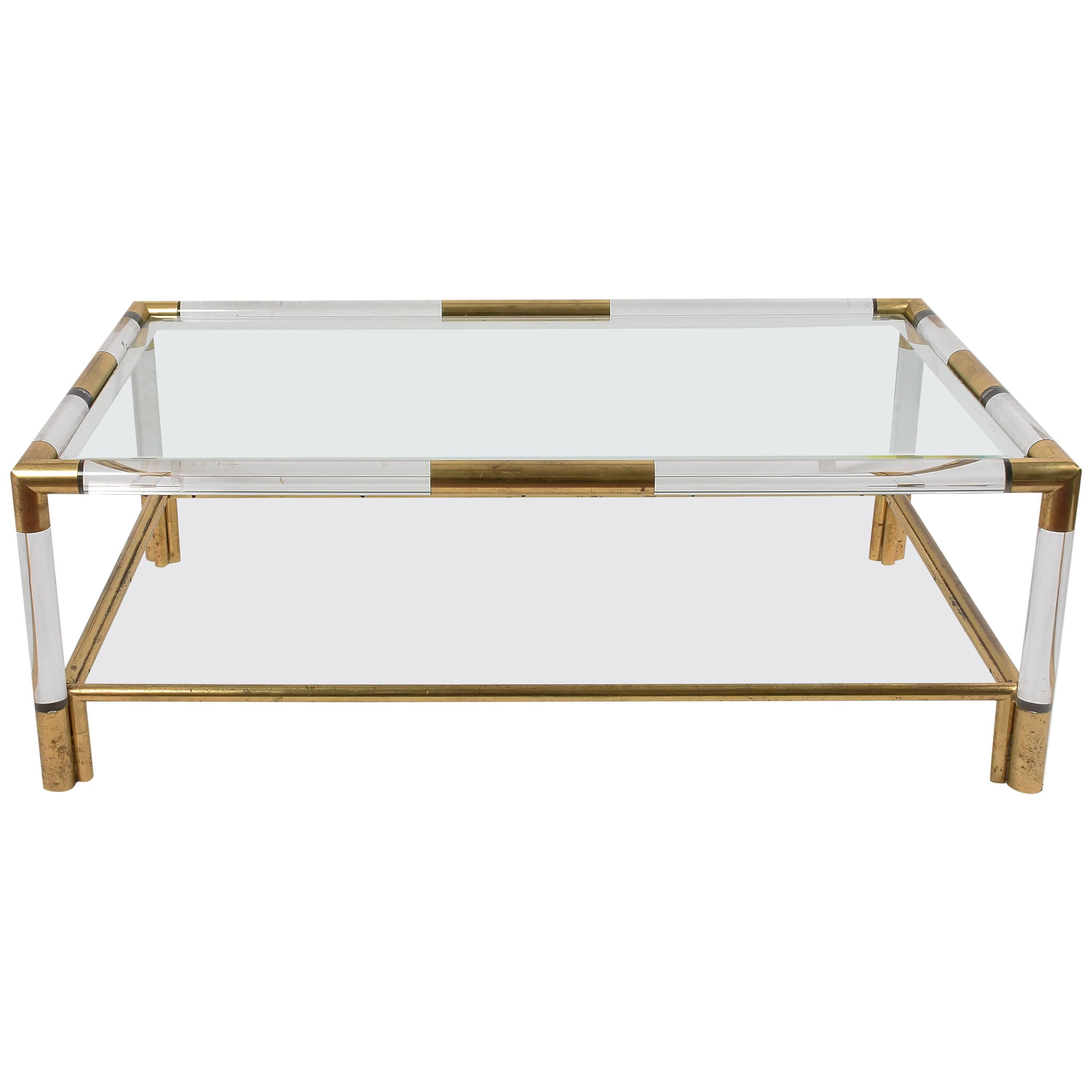 Coffee Table with Two Vintage Shelves in Lucite and Brass, Italy, 1970s