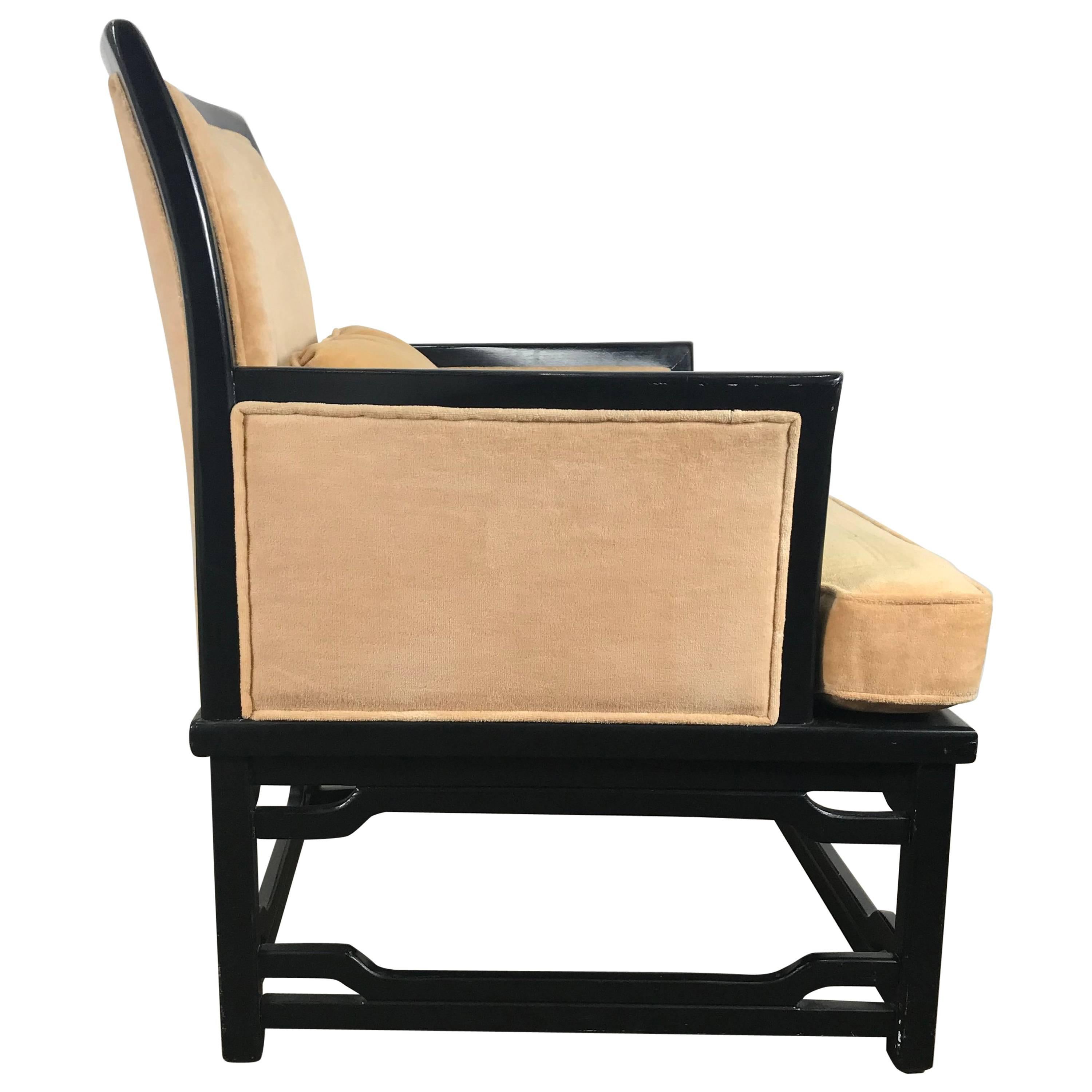 Black Lacquer and Velvet Asian Modern Armchair by Hibriten after James Mont