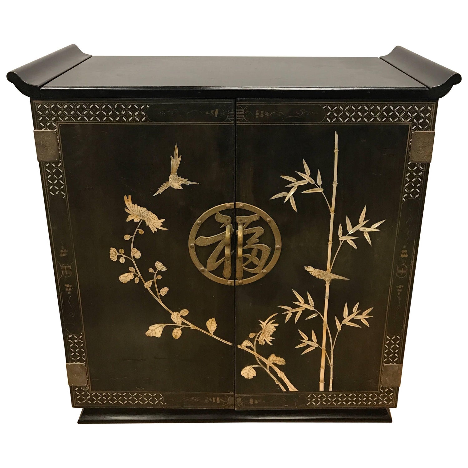 Chinese Black Liquor Cabinet Bar With Mother Of Pearl Inlay