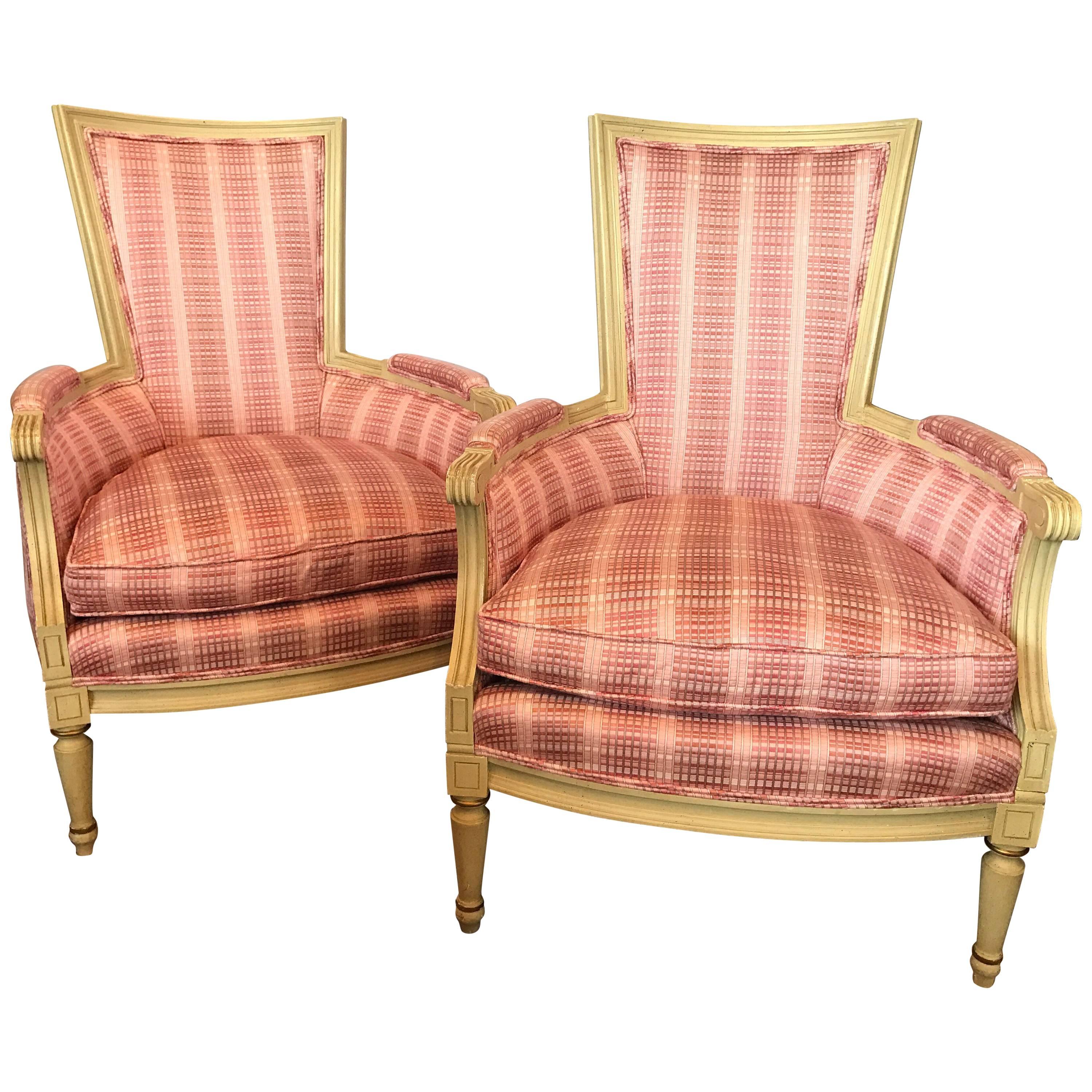French Cream Painted Upholstered Pink Plaid Armchairs