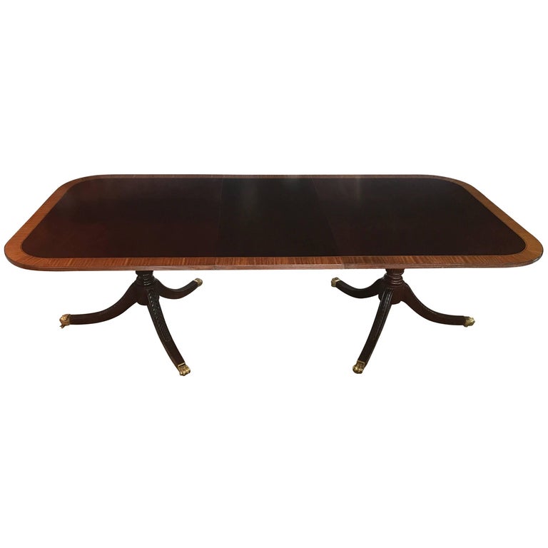 Mahogany Banded Inlay Carved Double Pedestal Dining Table, England For