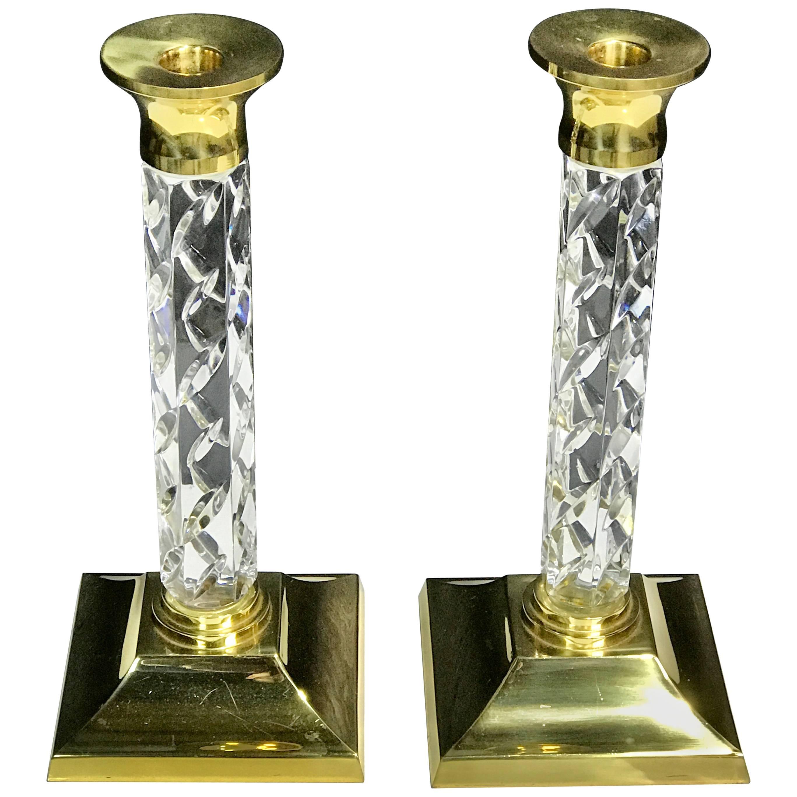 Pair of Midcentury Waterford Crystal and Brass Candlesticks