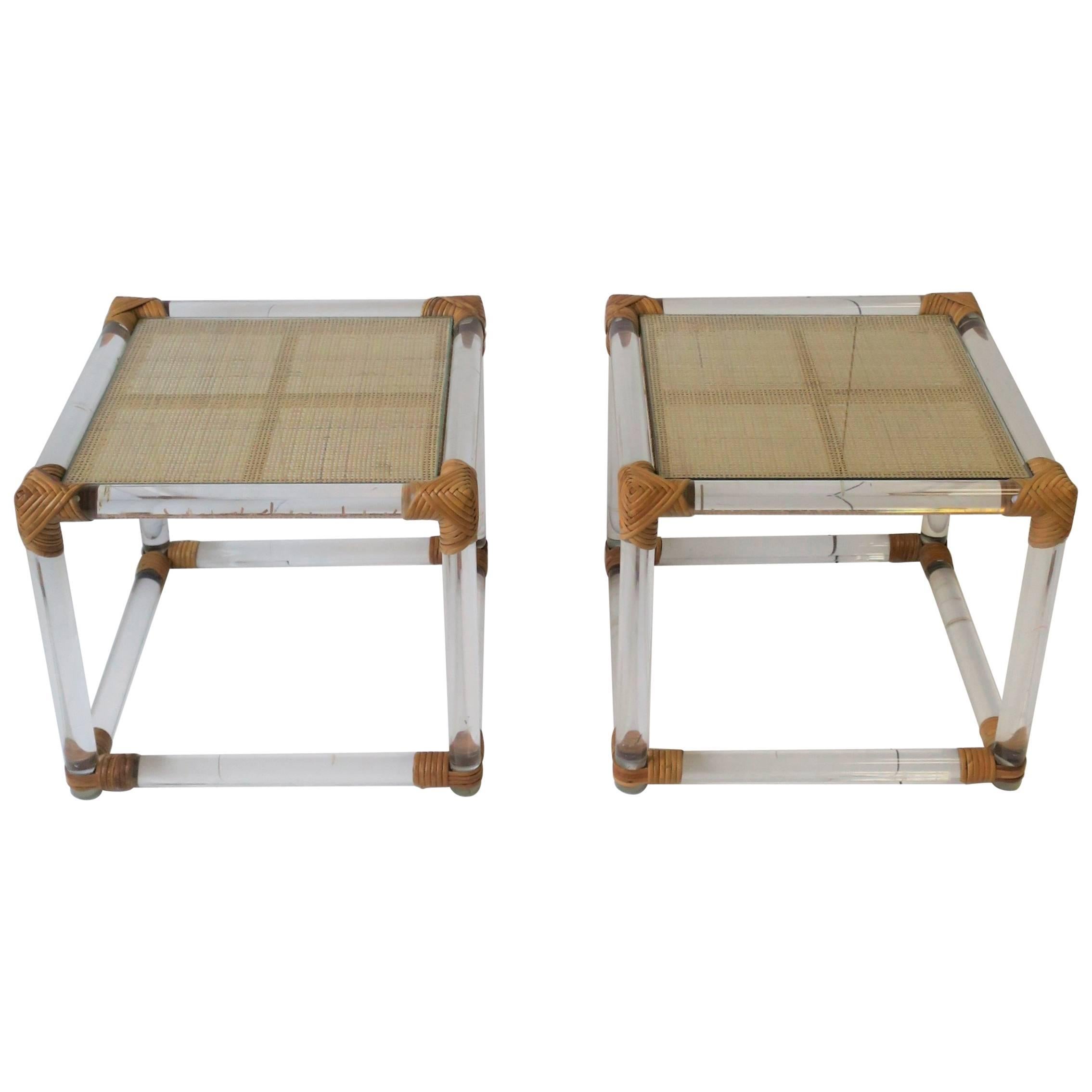 Pair of Modern Lucite and Wicker Rattan End Tables