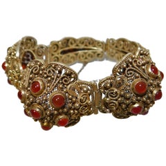 Early 20th Century Chinese Silver Gold Gilt Bracelet with 26 Carnelian Stones