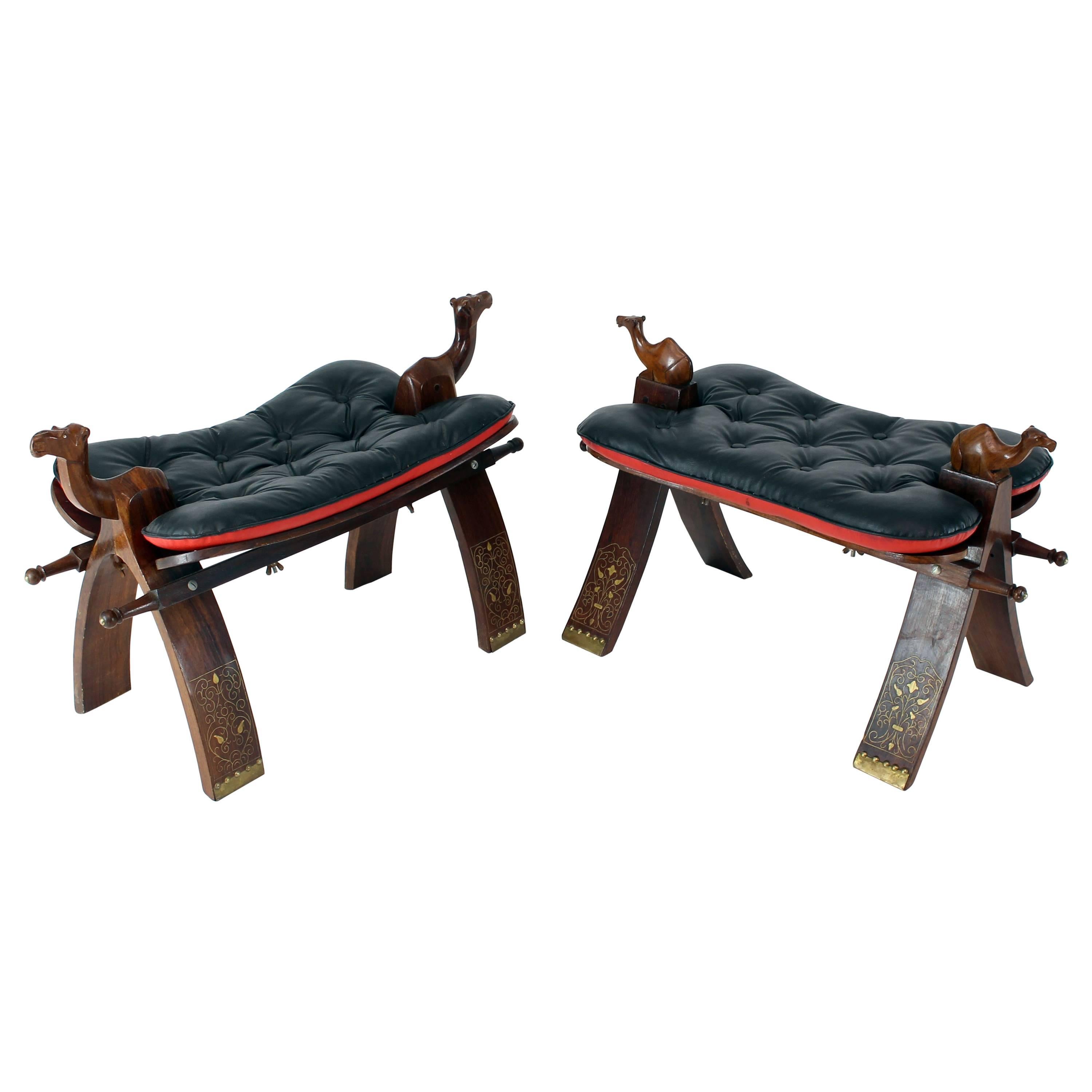 Pair of Carved Rosewood Camel Benches Stools For Sale