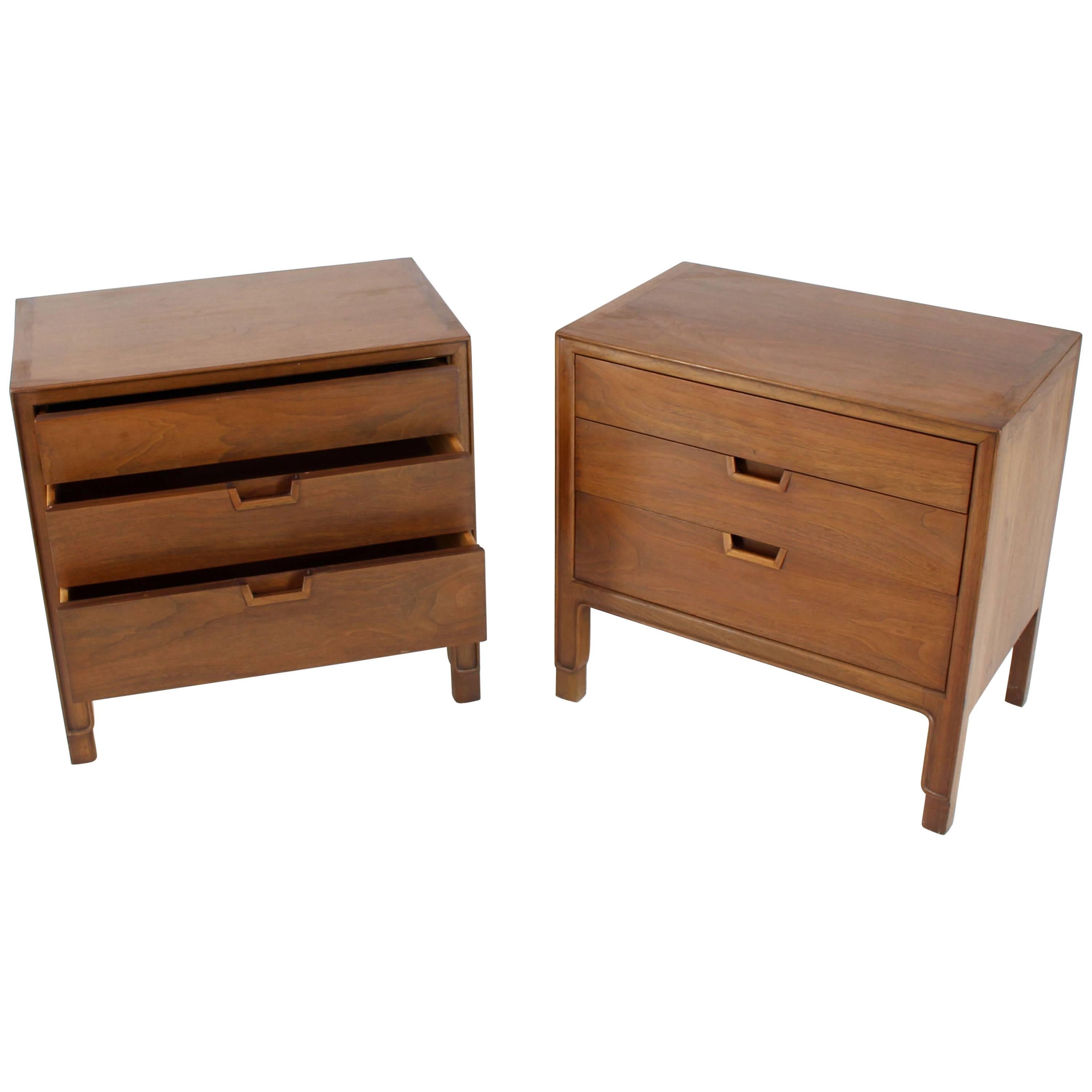Pair of Walnut Three-Drawer Nightstands End Tables