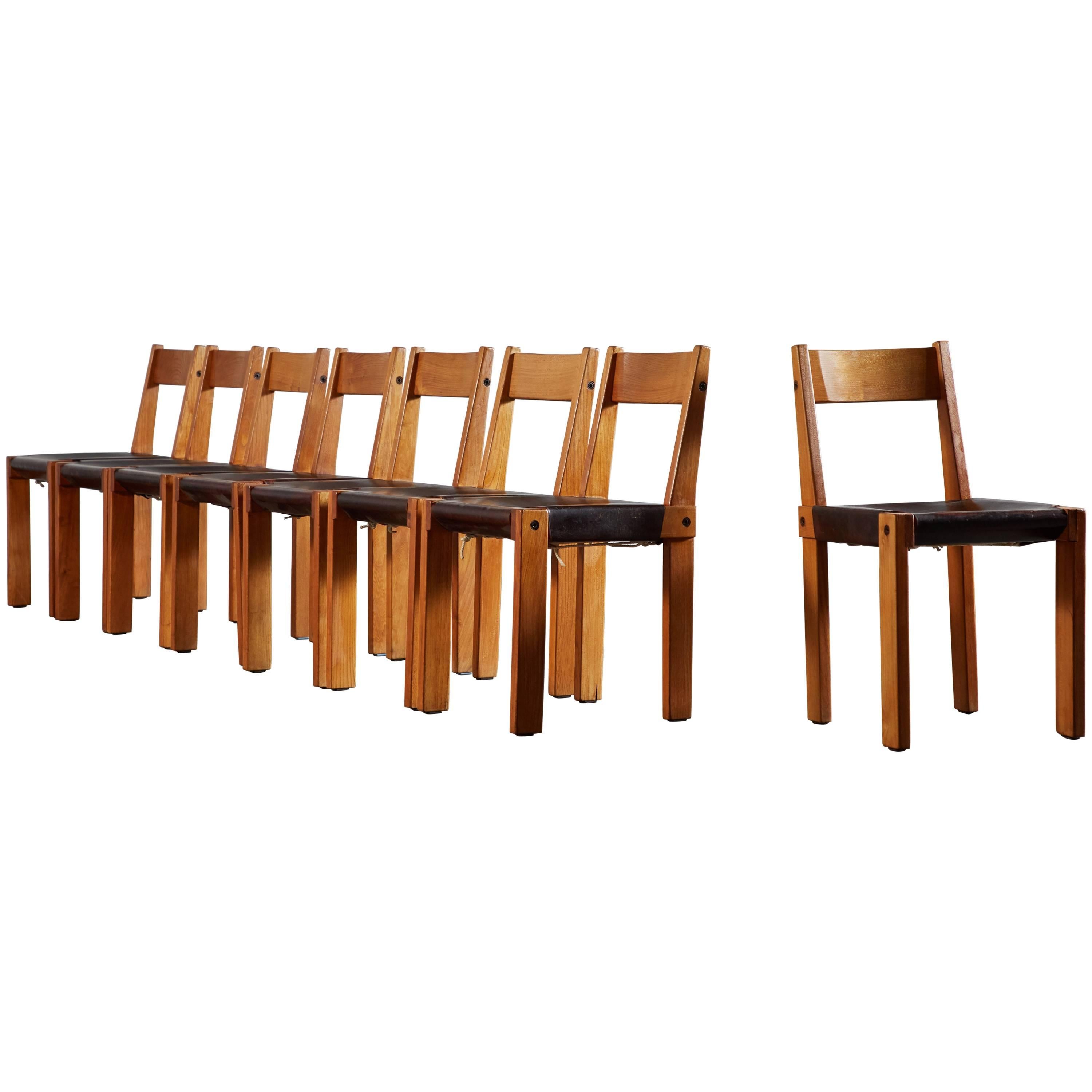 Set of Eight Wood and Leather Dining Chairs by Pierre Chapo