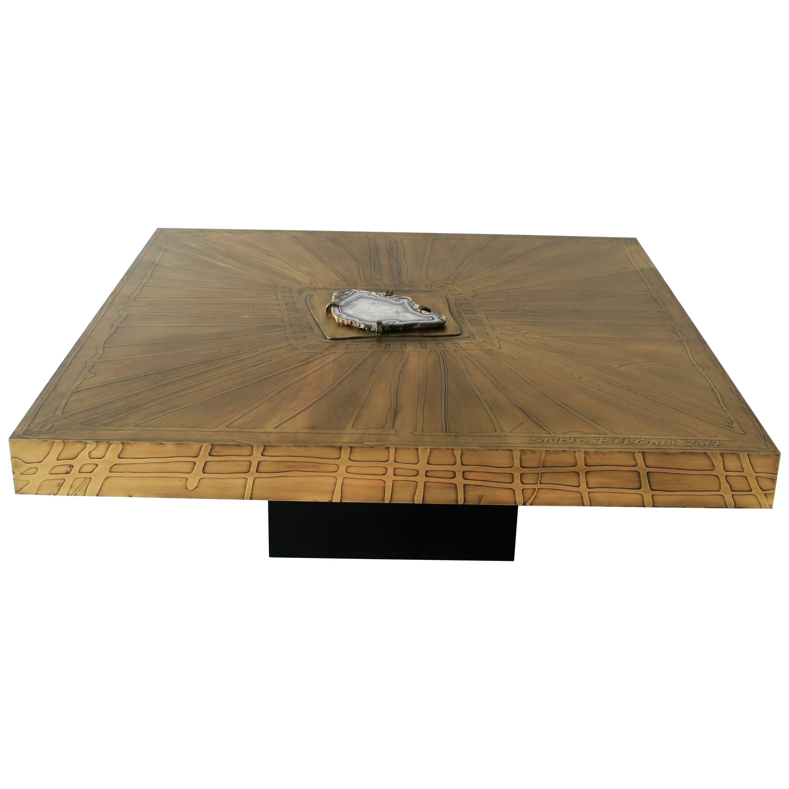 Square Coffee Table Nr1 by Belgali Acid Etched Brass and Agate Slice