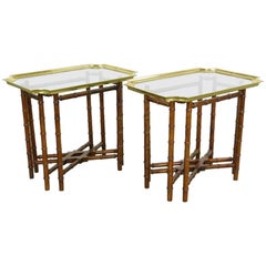 Pair of Brass Trim and Glass Tray-Top Faux Bamboo Side/End Tables by Baker