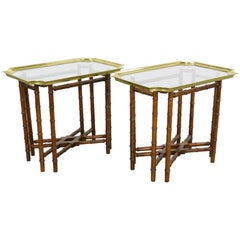 Pair of Brass Trim and Glass Tray-Top Faux Bamboo Side/End Tables by Baker