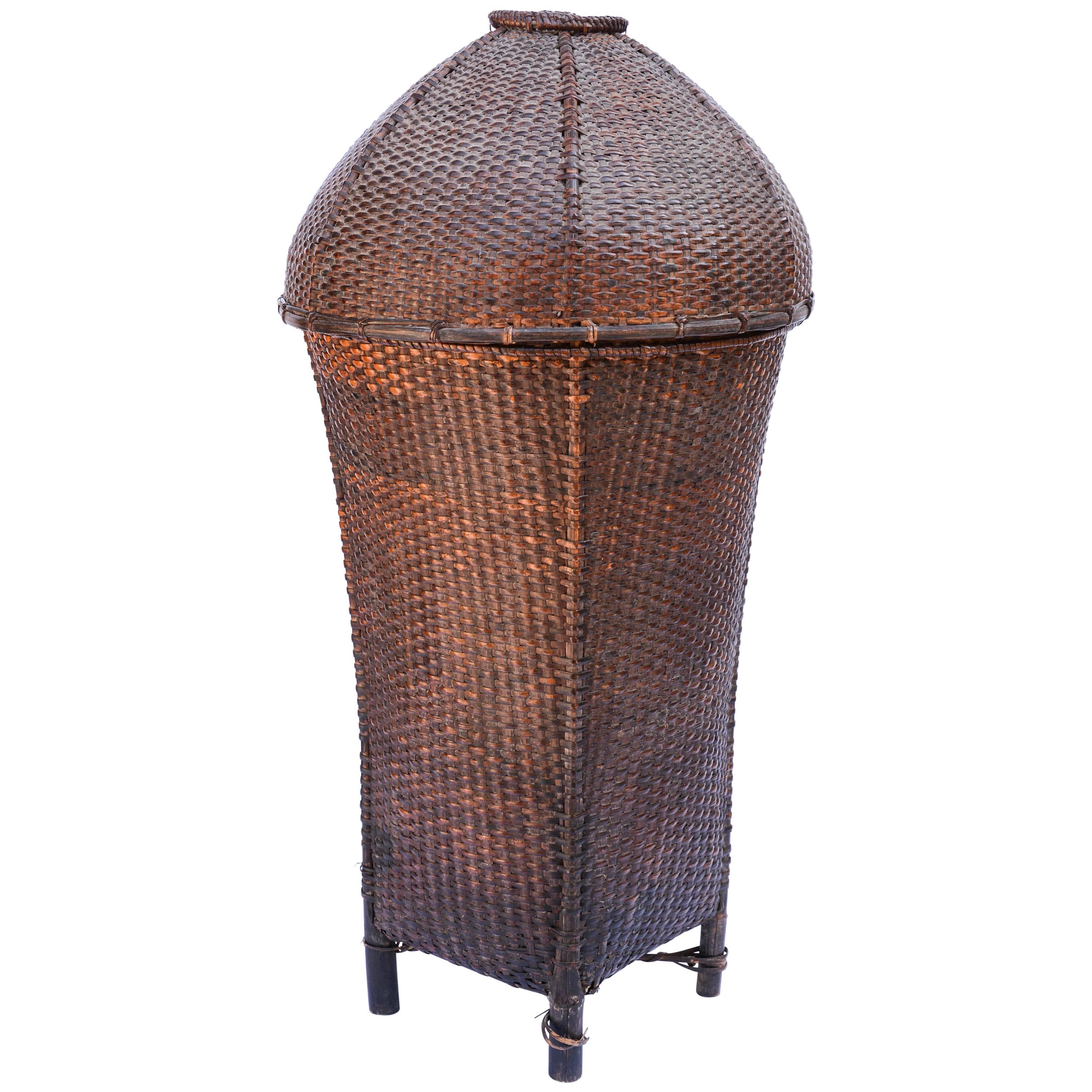 Vintage Storage Basket with Domed Lid Rawang of Burma, Mid-20th Century, Bamboo