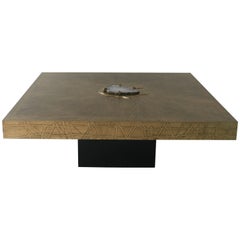 Square Coffee Table Nr2 by Belgali. Acid Etched Brass and Agate Slice
