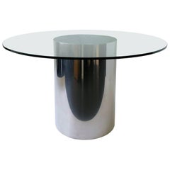 Used Polish Stainless Steel and Glass Drum Dining Table by Brueton