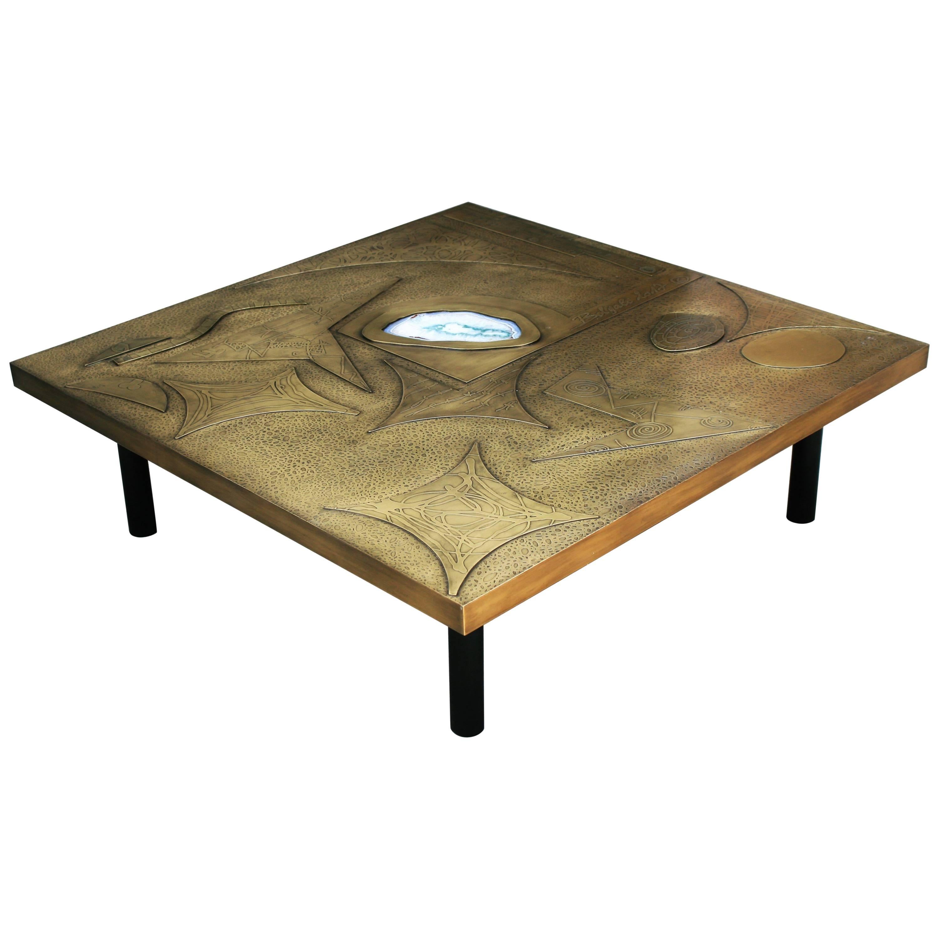 Brutalist Square Coffee Table Nr1 by Belgali Acid Etched Brass and Agate Slice For Sale