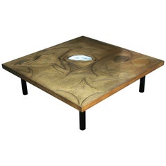 Brutalist Square Coffee Table Nr1 by Belgali Acid Etched Brass and Agate Slice