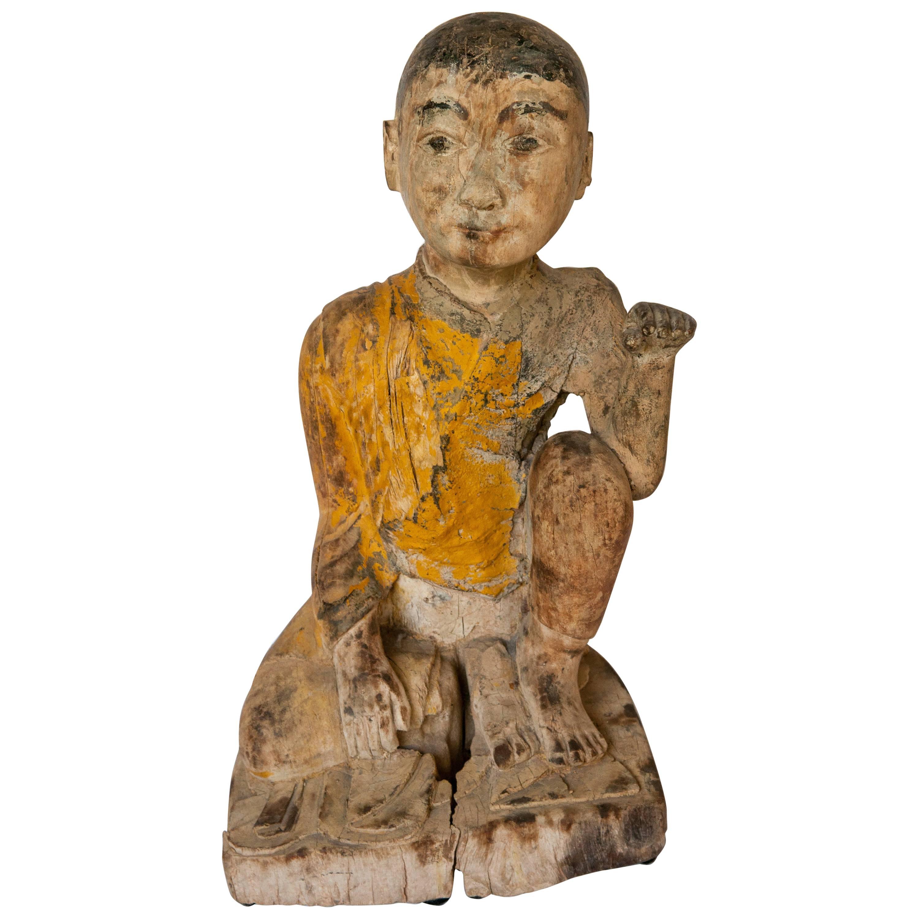 Burmese Buddhist Wood Carving, Sitting Monk or Teacher, Early 20th Century