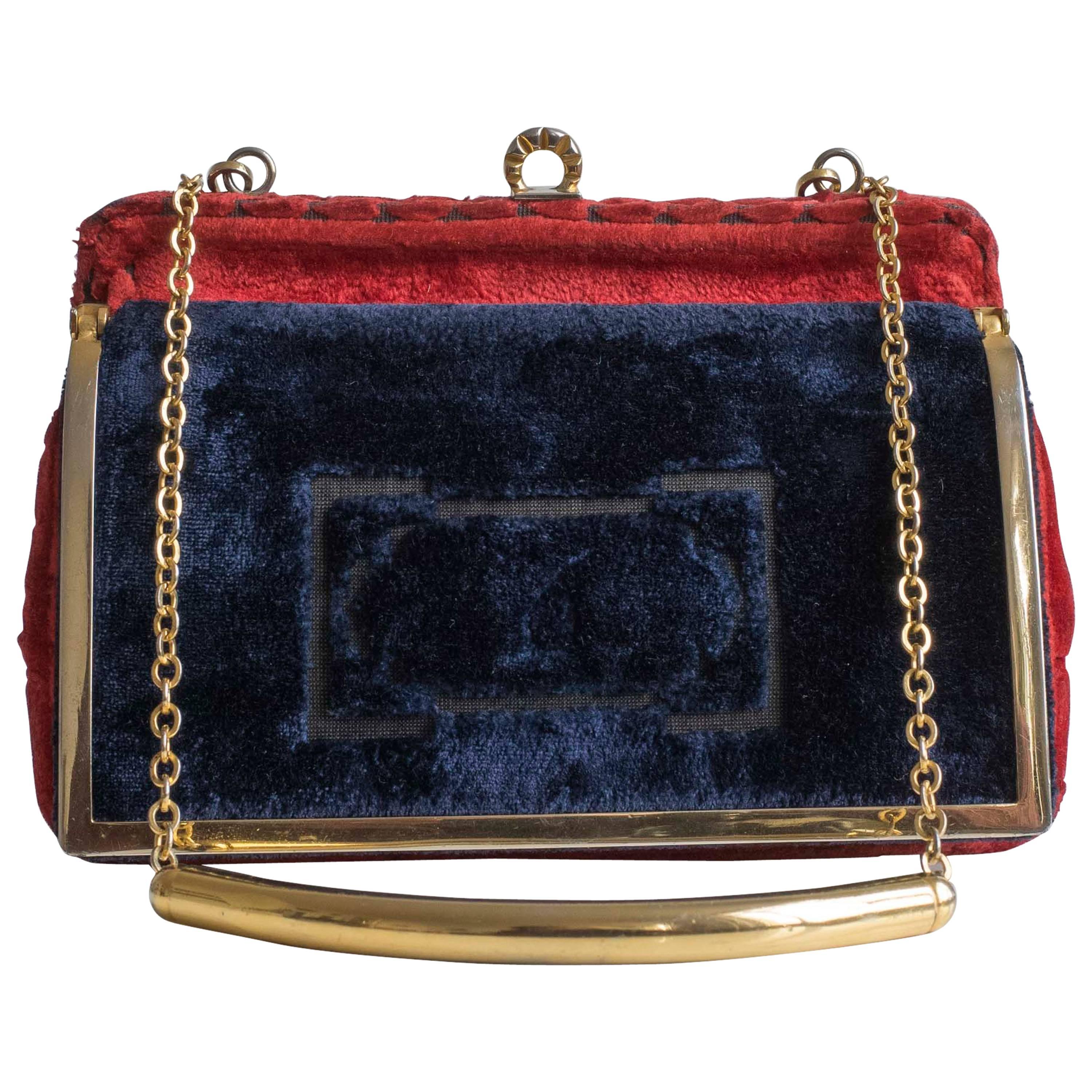 Cesare Piccini Vintage Blue and Red Velvet Handbag, Purse, 1960s