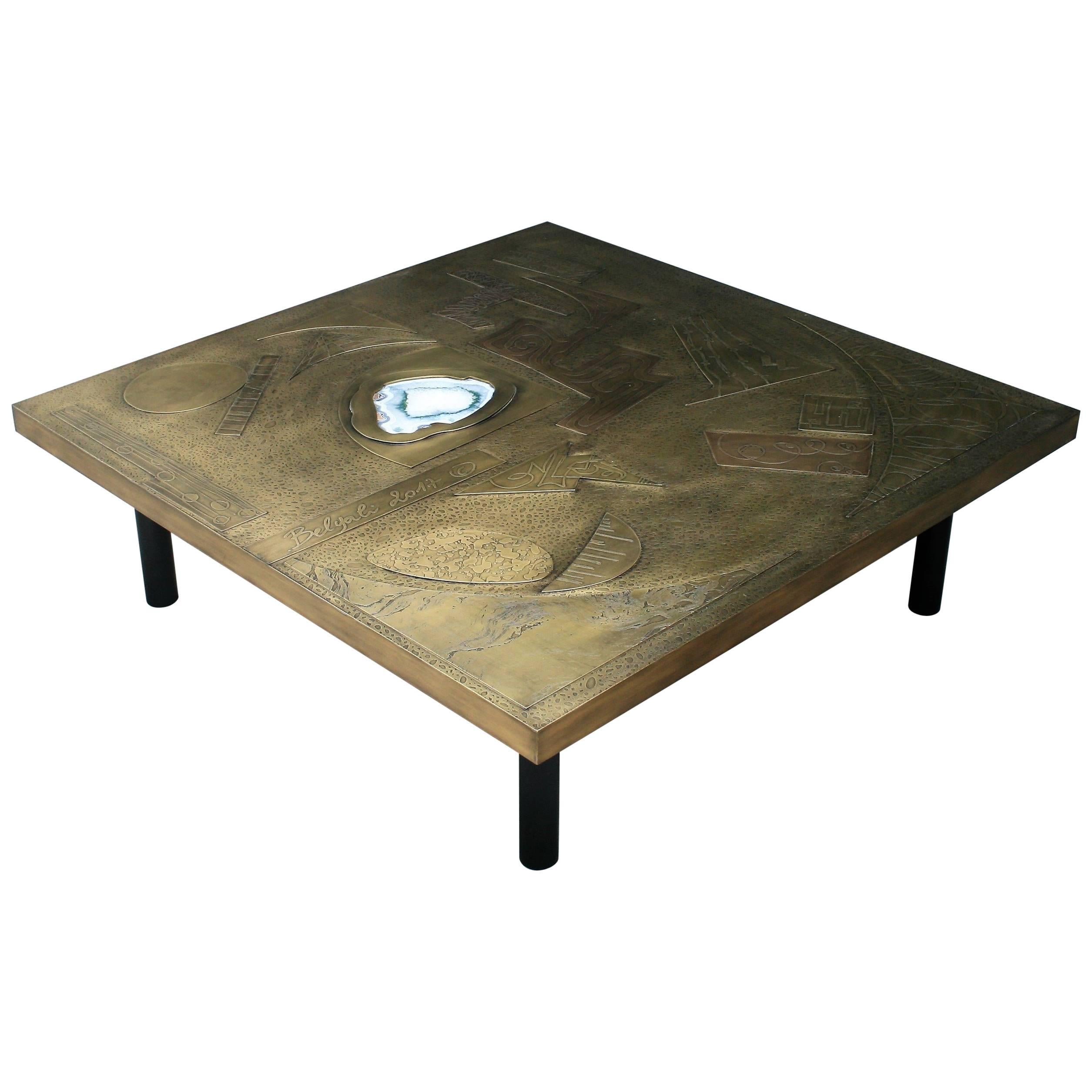 Brutalist Square Coffee Table Nr2 by Belgali Acid Etched Brass and Agate Slice For Sale