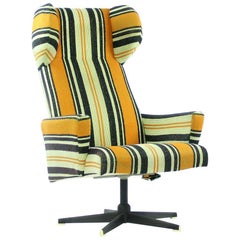 Midcentury Swivel Wing Chair in Original Stripped Fabric, Czechoslovakia, 1960