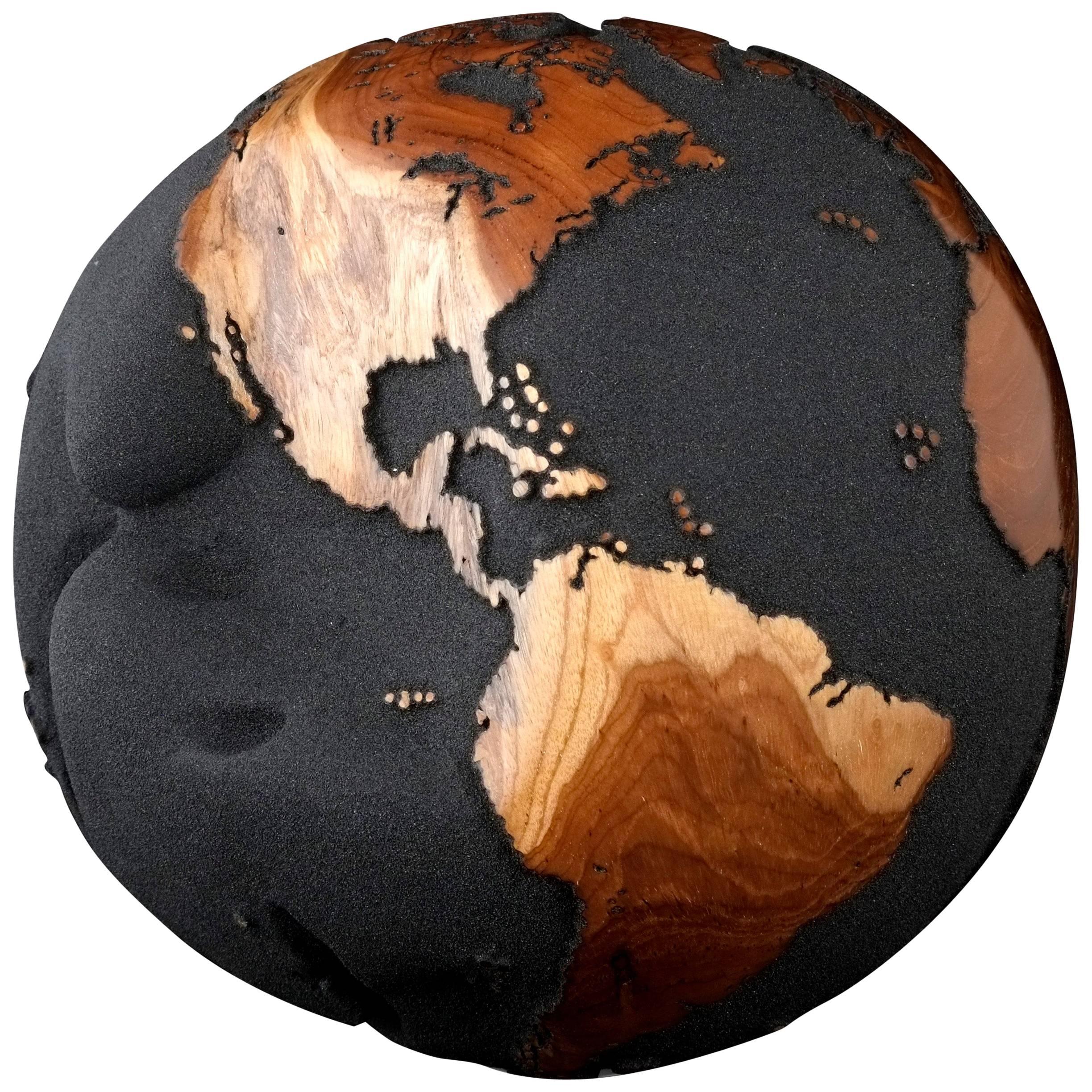 Contemporary Globe in Teak Root with Volcanic Sand and Natural Holes, 30cm