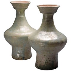 Large Ancient Chinese Han Dynasty Green Glazed Hu Vases, 206 BC