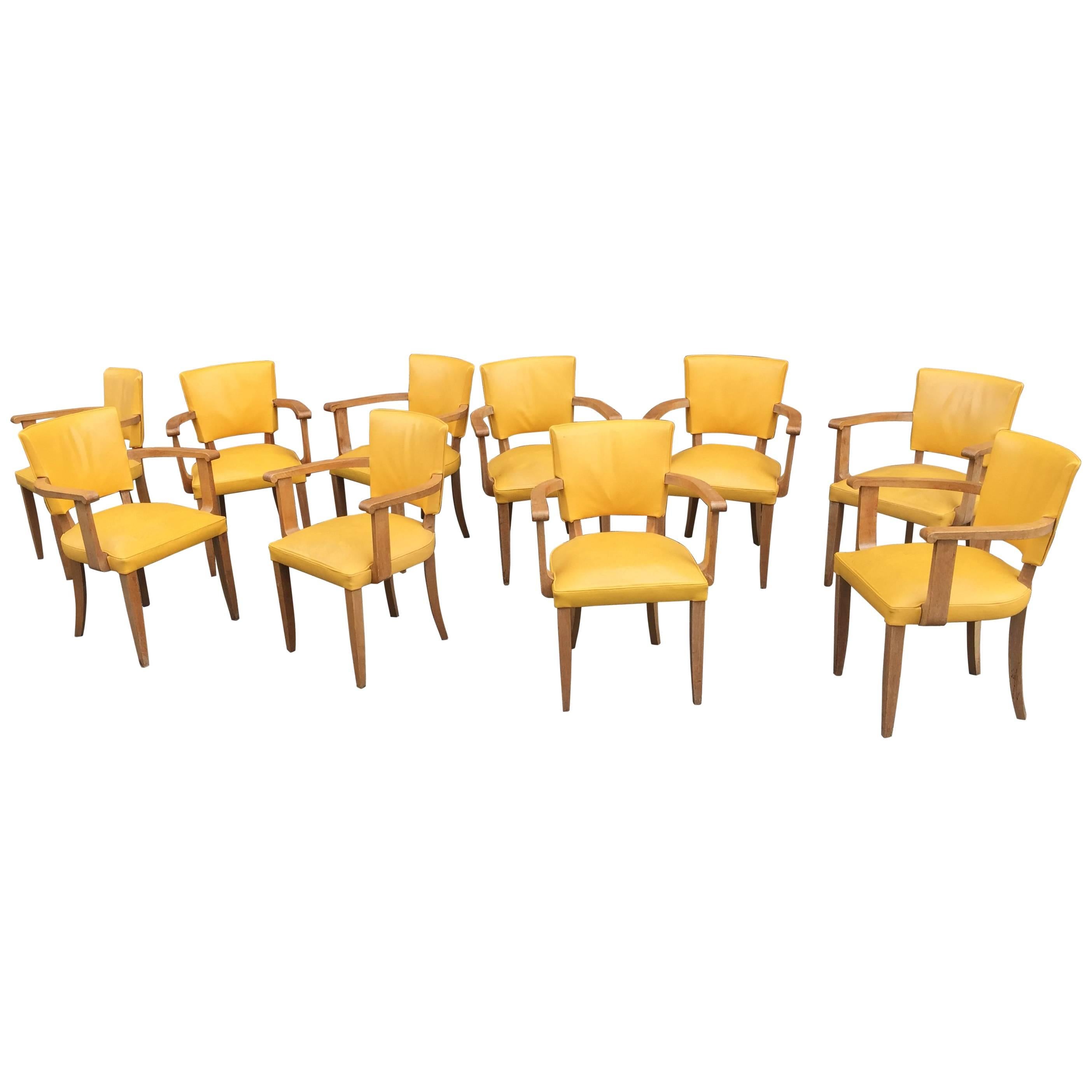 Set of Ten Art Deco Armchairs in Oak and Leather, circa 1940 For Sale