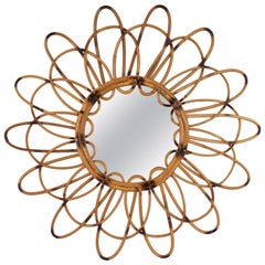 Vintage 1960s Spanish Rattan Double Layered Flower Burst Mirror with Pyrography Accents