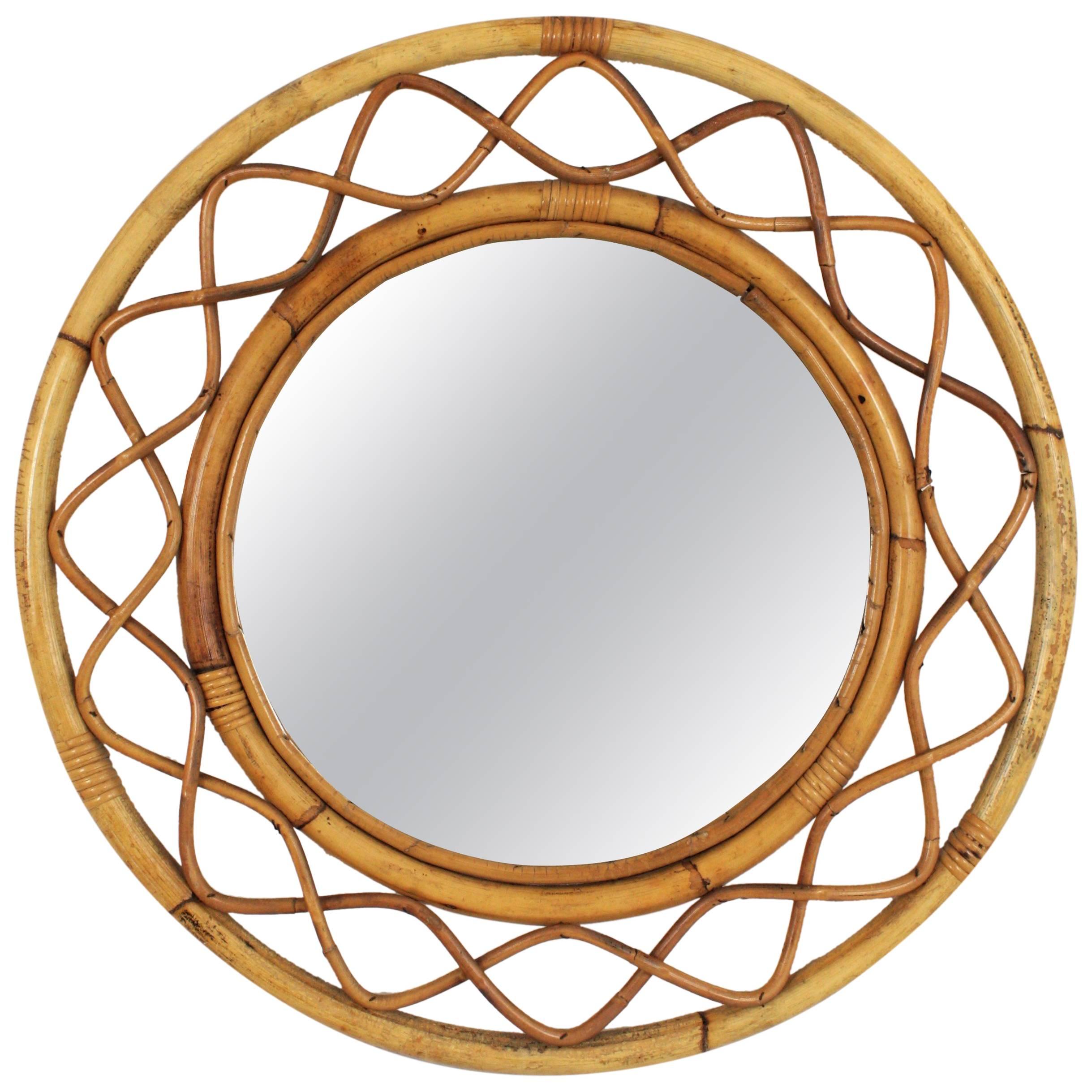 1960s Jean Royère Style French Riviera Bamboo and Rattan Round Mirror