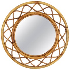 1960s Jean Royère Style French Riviera Bamboo and Rattan Round Mirror