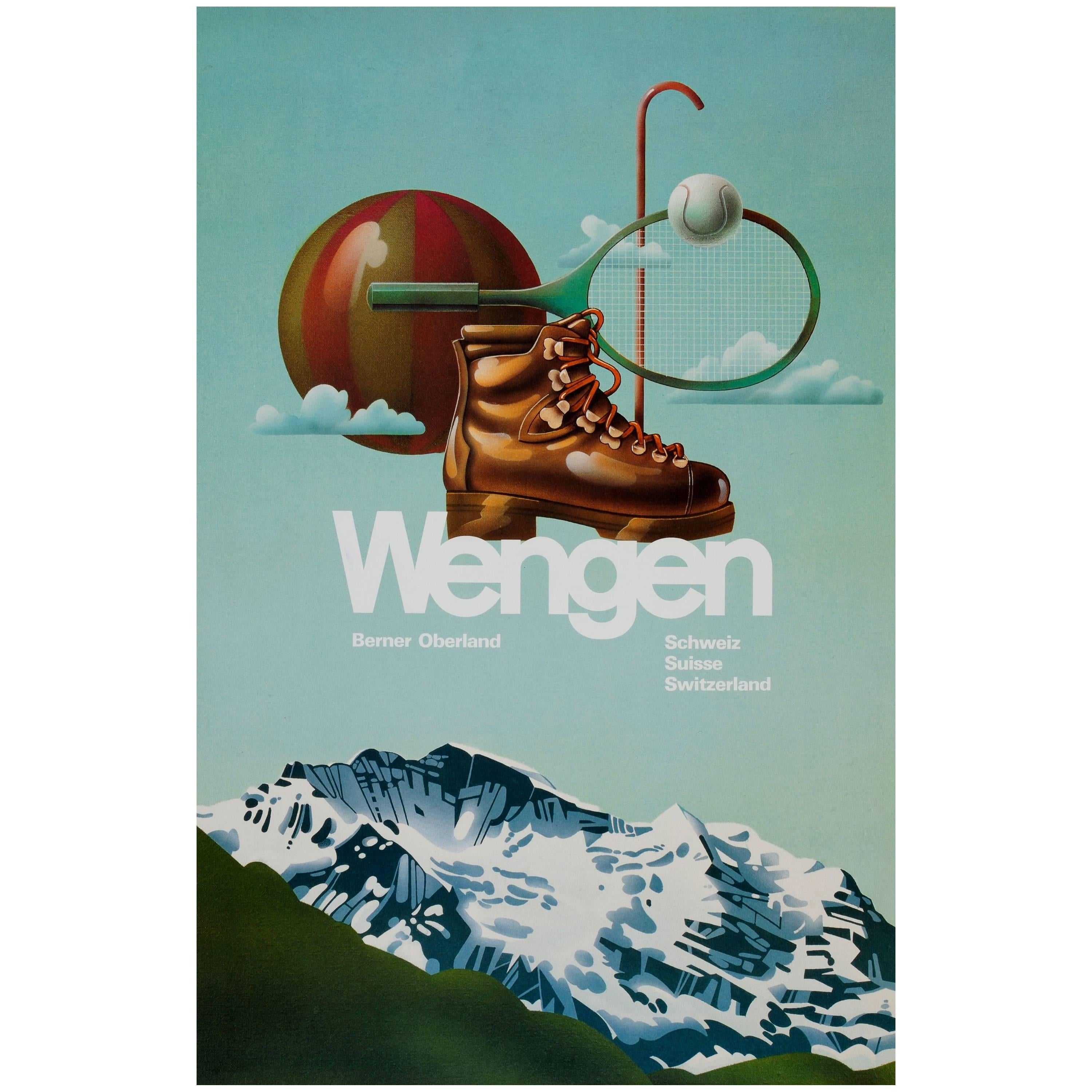 Original Vintage Summer and Winter Sport Travel Poster for Wengen in Switzerland