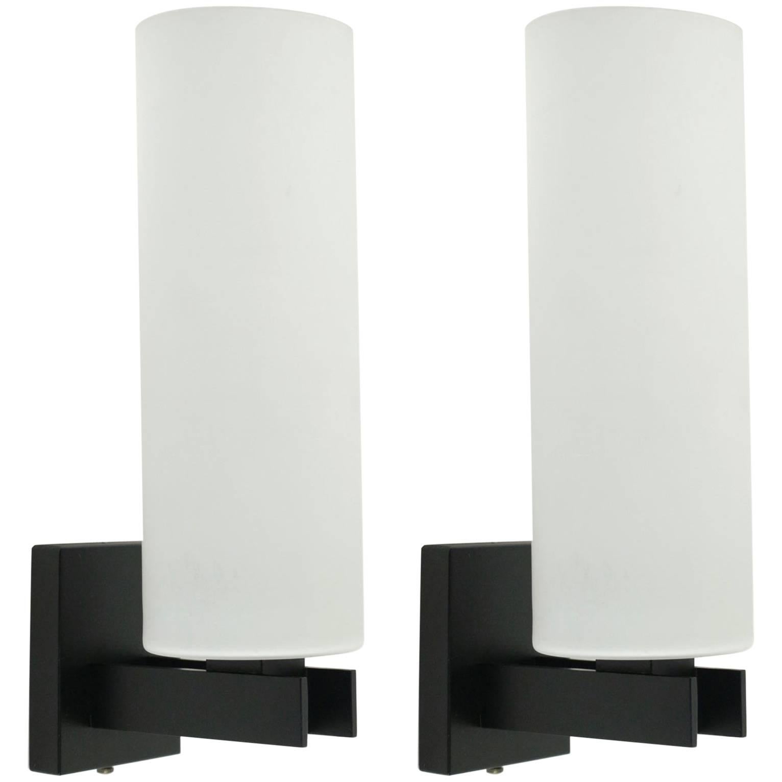 1960s Pair of Blackened Steel Sconces with White Satin Glass Shades