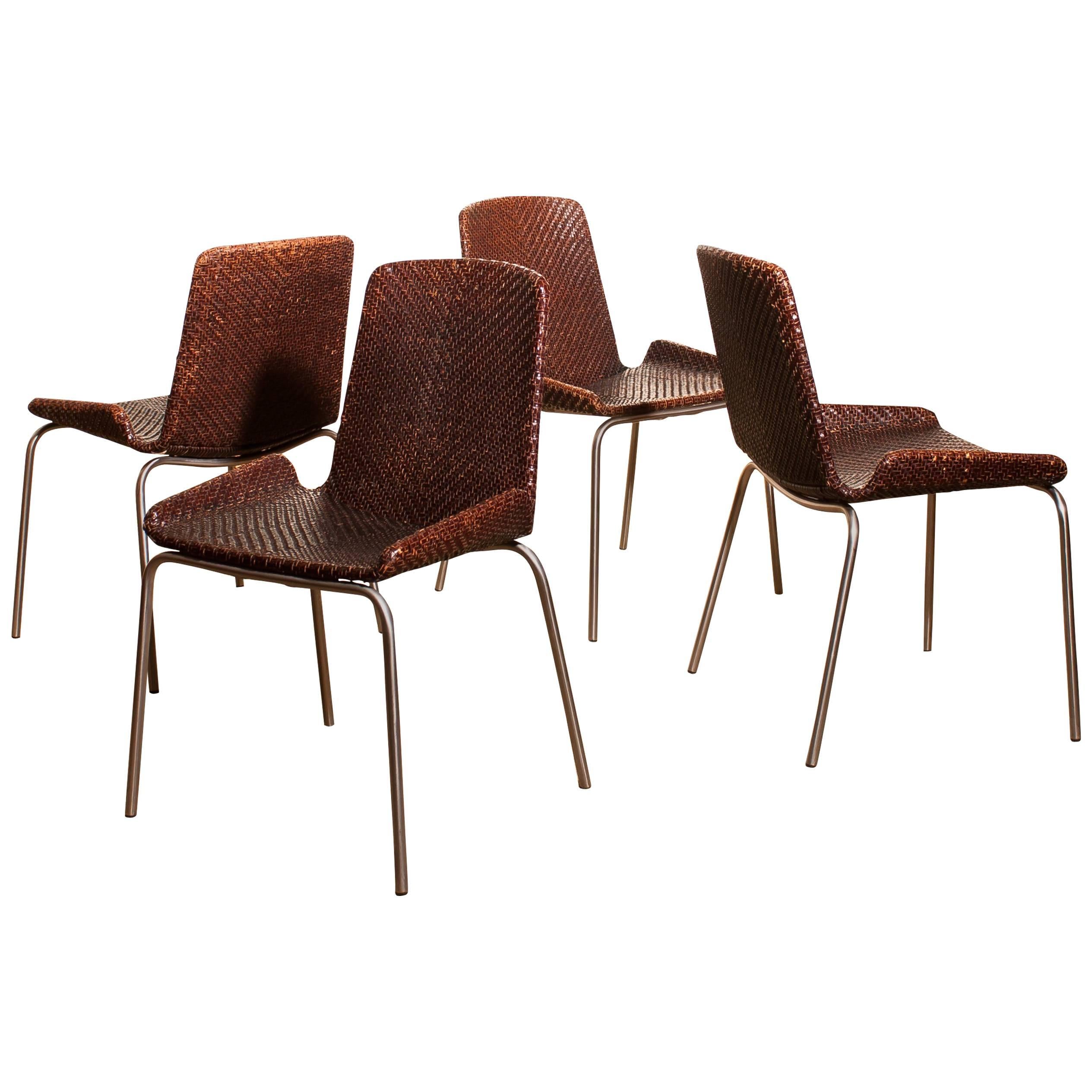 1960s, a Set of Four Leather Braided Dining Chairs, Italy