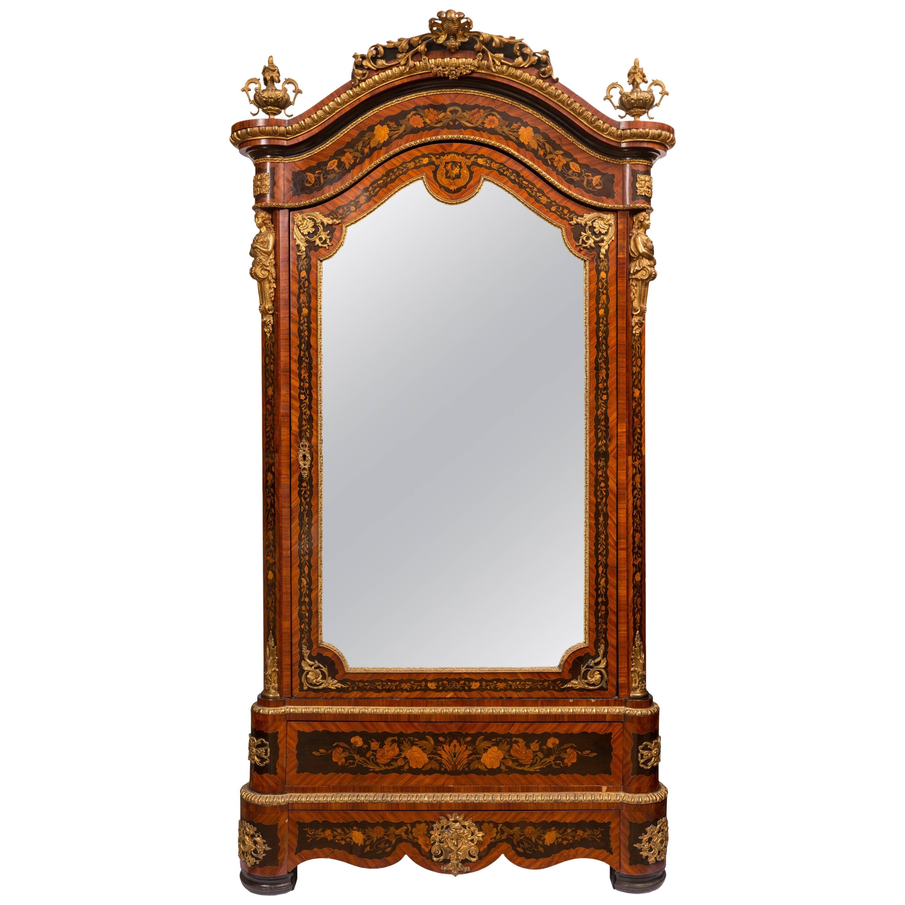 19th Century Louis XVI Style Mirror Front Armoire or Wardrobe with Marquetry