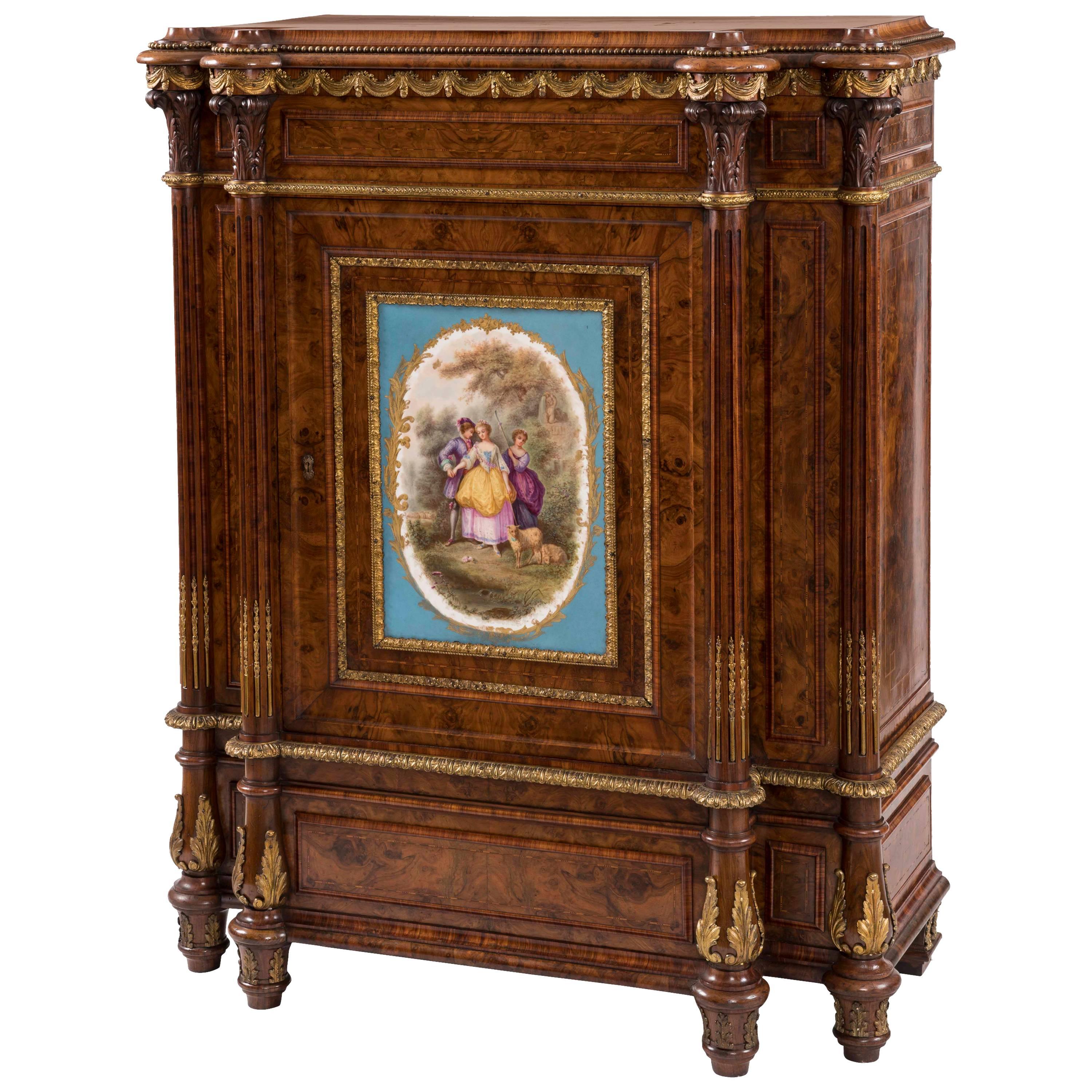 19th Century English Walnut and Ormolu Cabinet with Sèvres Porcelain Plaque For Sale
