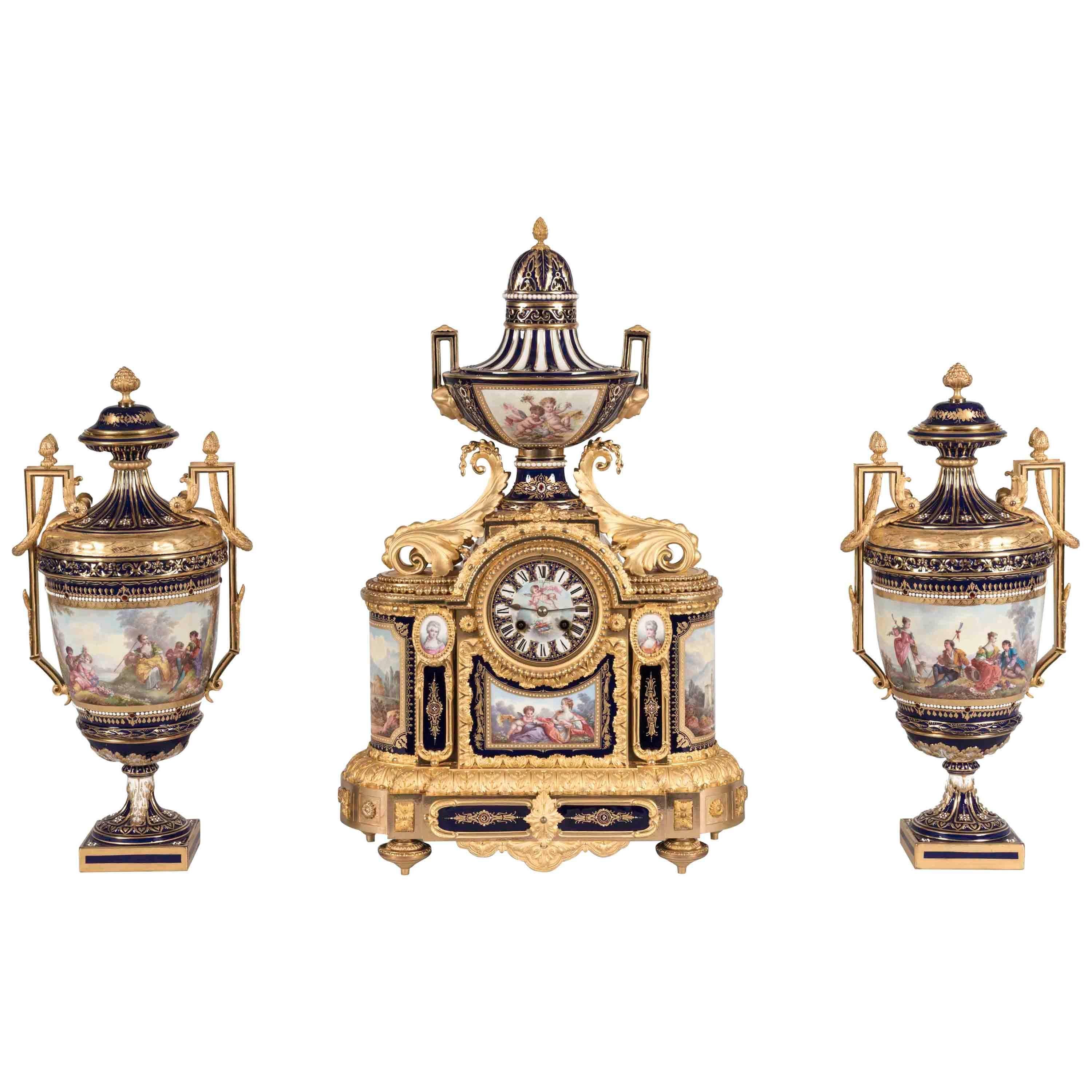 19th Century French Louis XVI Clock Garniture with Sévres Porcelain and Ormolu