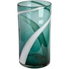 Fulvio Bianconi Style Murano Glass Vase White Striped over Petrol Green, Italy