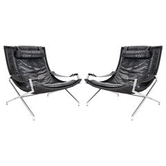 Dutch Modernist Set Lounge Chairs in Black Leather by Gerard Van Den Berg, 1980s